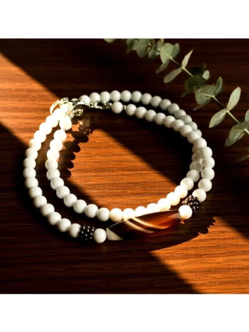 Dainty Slimline Wrap Bracelet – Brown Banded Agate & White Ceramic Beads (7